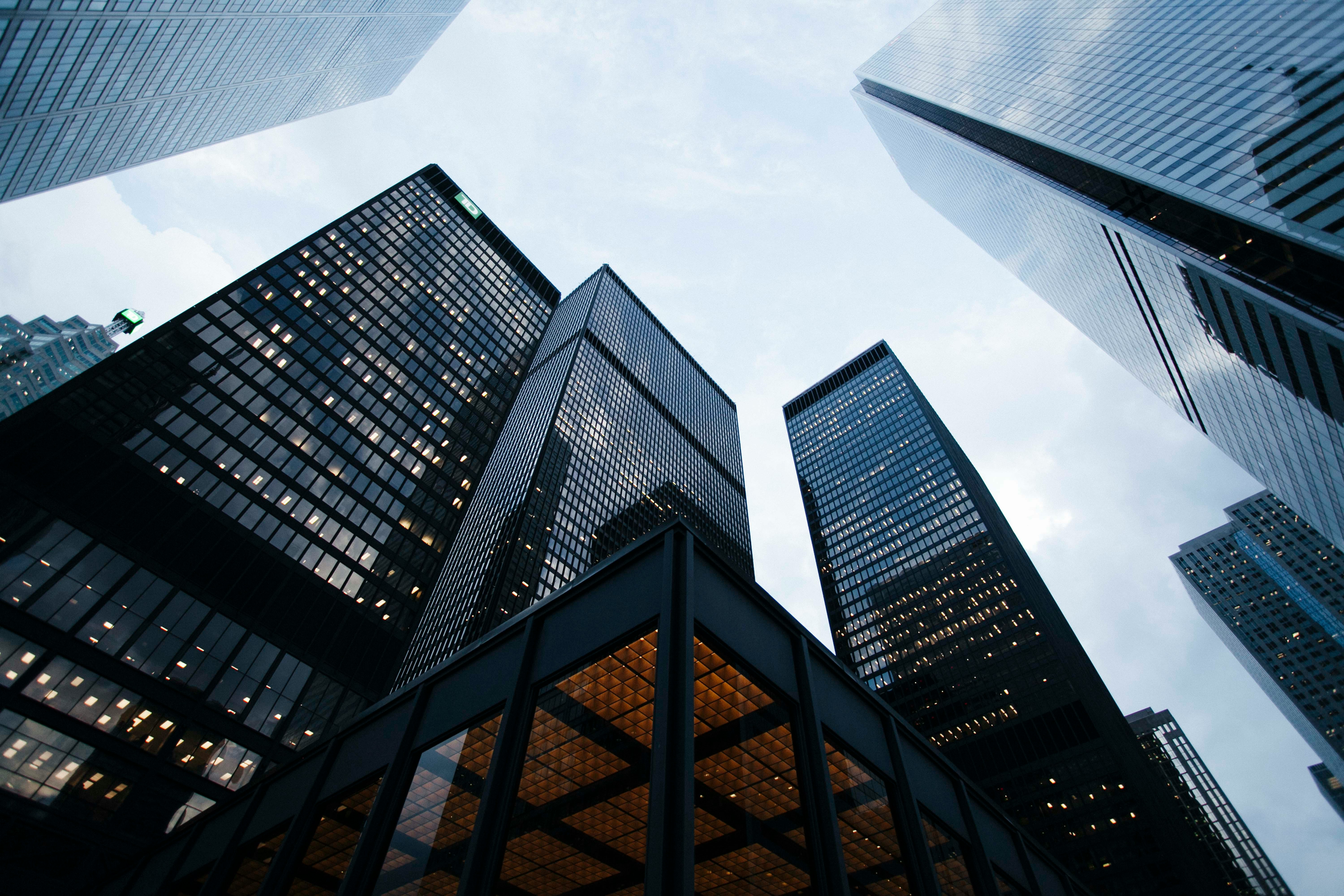 Corporate towers seen from street level